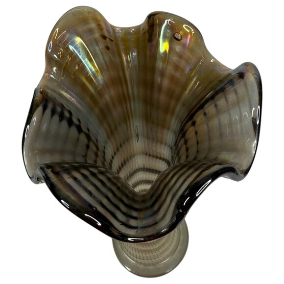 Vintage Imperial Ribbed Carnival Glass Swung Vase Iridescent Brown Purple Clear - Picture 6 of 11